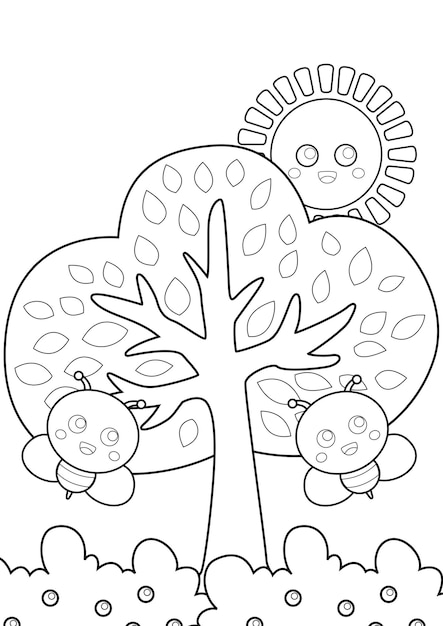 Garden with a tree and flying bee on a sunny day coloring for kids and adult