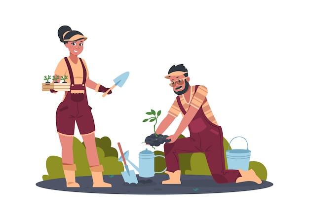 Gardener Cartoon agricultural workers replanting seedlings Man and woman working in garden Young farmers with shovel watering can and bucket Vector people growing vegetables or flowers