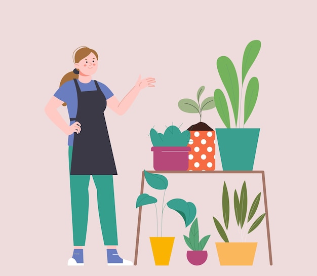 Vector gardener character young female florist planting green in pots home garden hobby woman sale plants or care about flora vector scene