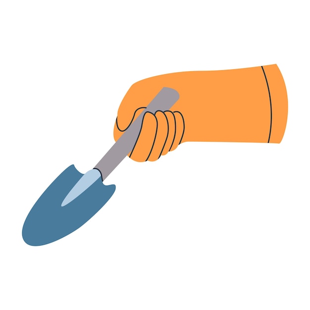 Gardener hand with yellow gloves holding with garden shovel Gardening griculture planting concept