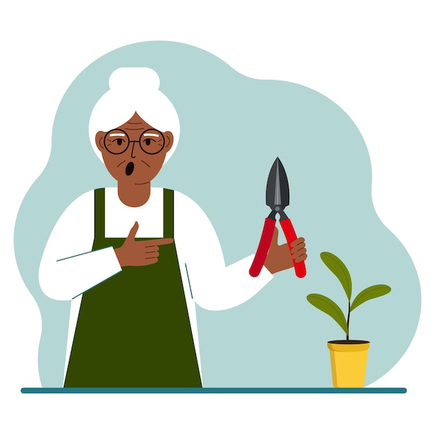 A gardener is a old woman in working clothes he has a pruner in his hand