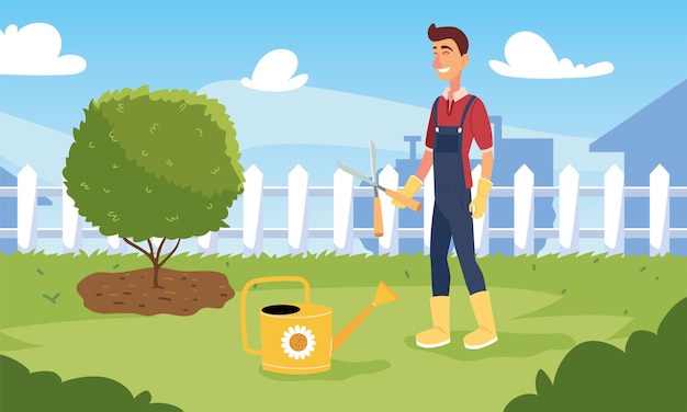 Gardener man cartoon with pliers and watering can design, Gardening garden planting and nature