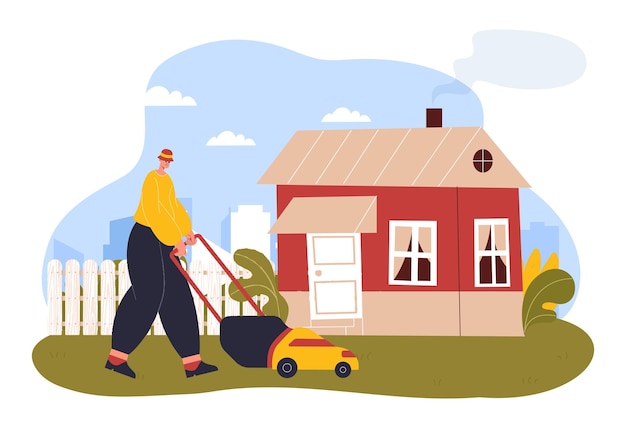 Gardener man mowing lawn mower Cartoon man cutting grass on backyard of house with equipment Garden maintenance