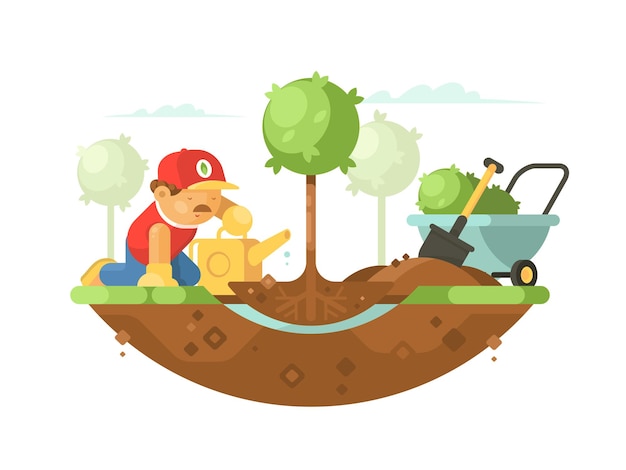 Gardener man planting tree and watering young seedling.  illustration