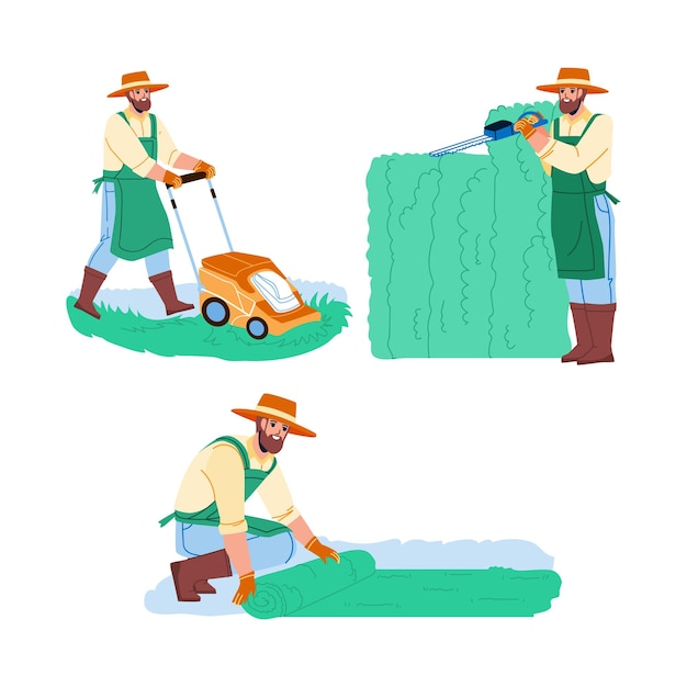 Gardener Man Work In Garden Collection Set Vector. Gardener Pruning Hedge With Secateur, Laying Lawn And Mowing Grass With Mower Device. Character Agricultural Worker Flat Cartoon Illustrations