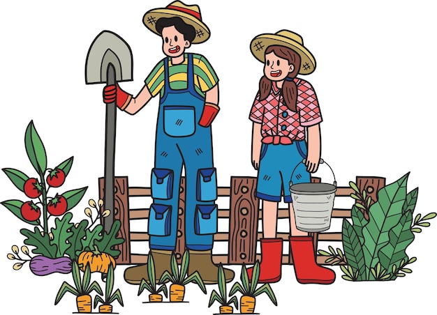 Gardener planting vegetables illustration in doodle style