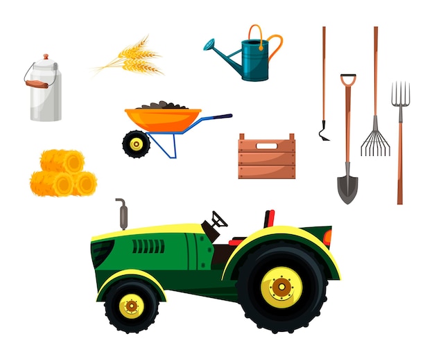 Gardener tools and agricultural machinery farm set tractor straw bales wheat ears canister shovel hoe pitchfork steel whisk wheelbarrow with soil watering can wood box