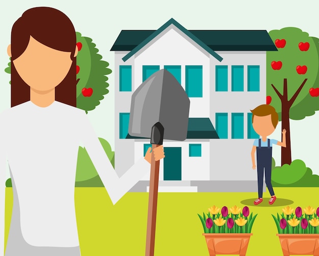 gardener woman and boy with shovel house garden flower tree