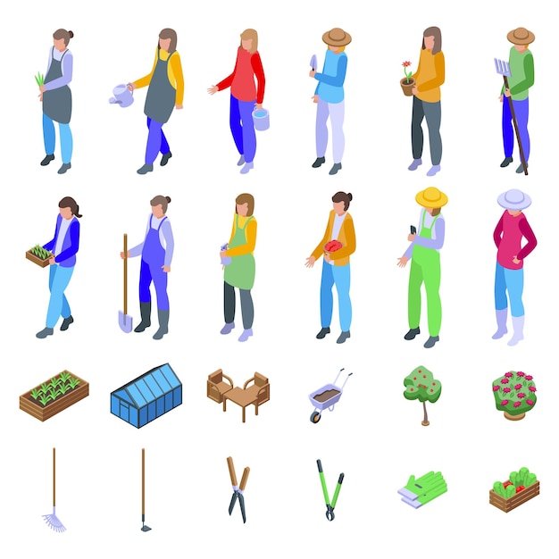 Gardener woman icons set isometric vector Nature spring