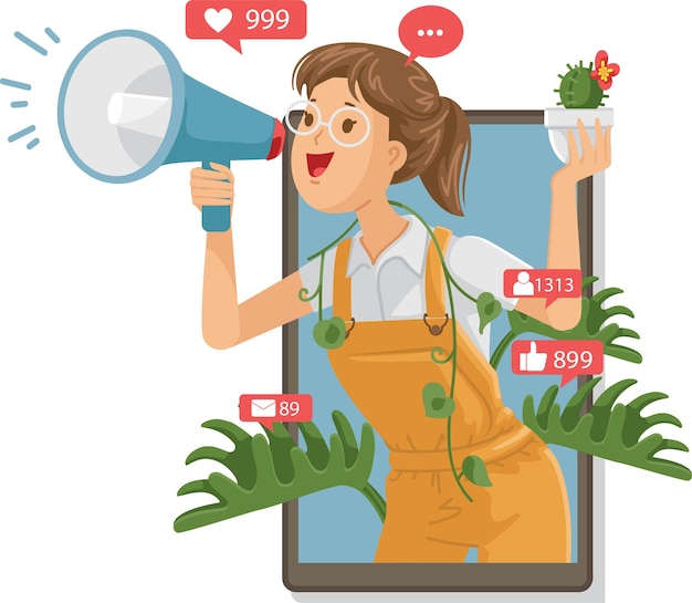 Gardener woman shouting in loudspeaker influencer internet advertisement concept sell trees online