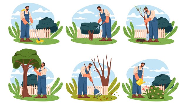 Gardener at work set Vector garden worker