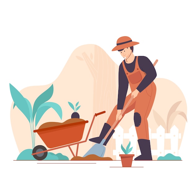 Gardener working flat vector illustrations set. Male handyman character mowing grass, trimming trees and bushes isolated pack. Backyard landscaping, plants cultivating and nursery, garden maintenance.