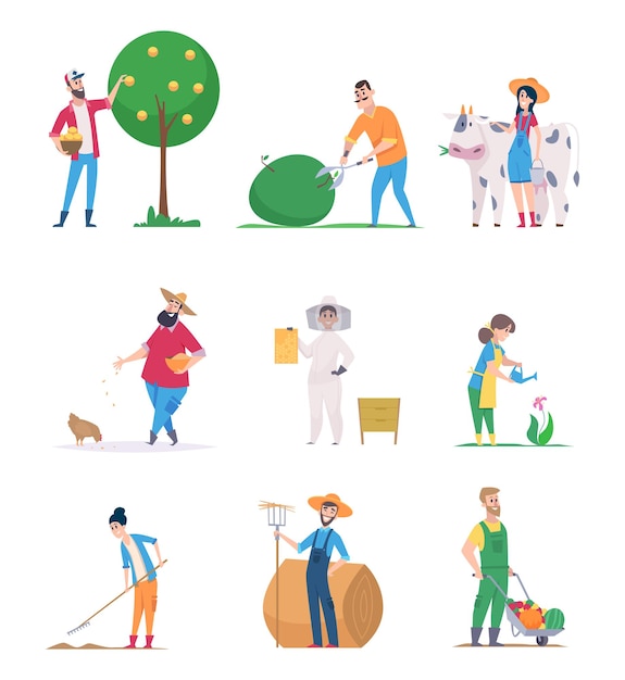 Vector gardeners and farmers. happy characters growth vegetables agriculture workers vector cartoon people. gardener farming and harvesting, farmer agriculture illustration