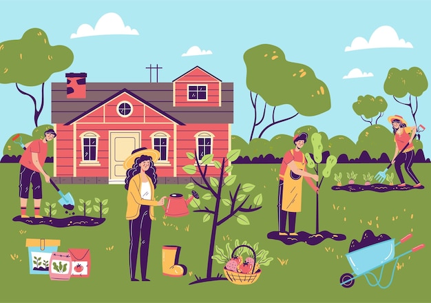 Gardeners people man woman characters working in garden farm land concept gardening spring summer