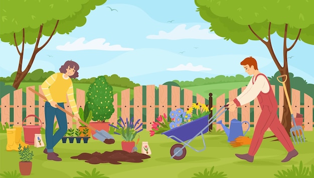 Gardeners taking care of garden man and woman with gardening tools vector illustration