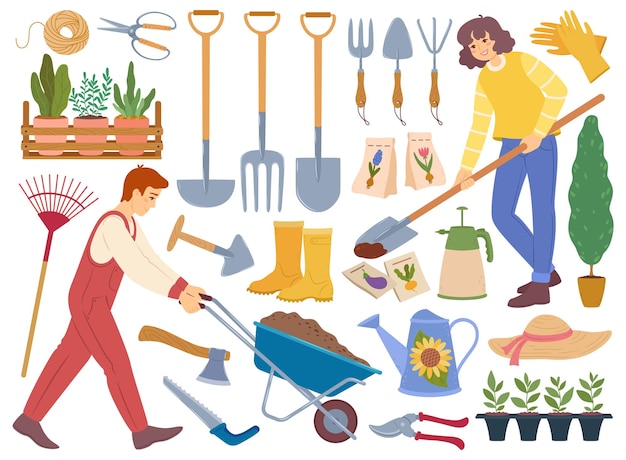 Gardeners with gardening equipment tools horticultural plants shovel watering can seeds vector set