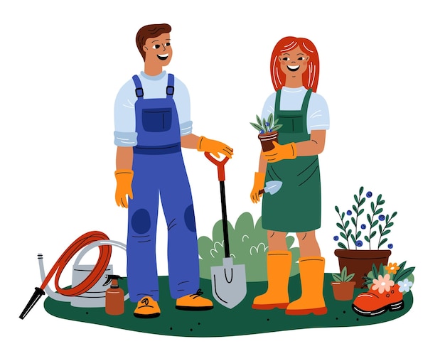 Gardeners with tools Couple take care of plants Man and woman in work clothes on garden plot with gardening instruments Agriculture worker planting flowers Garish vector concept