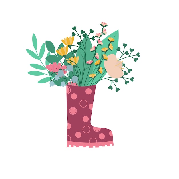 Gardening boot with flowers Spring Concept Vector Illustration