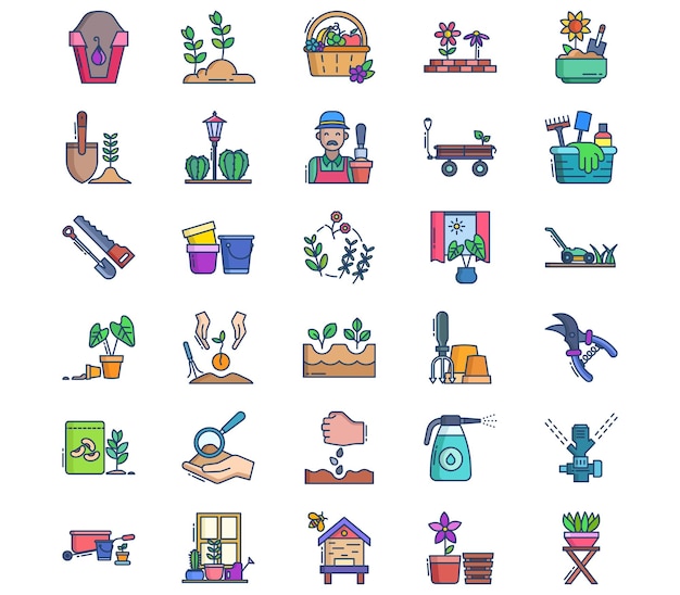 Gardening and farming, cultivation of plant icon set