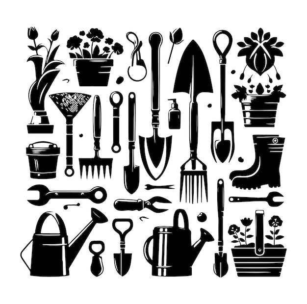 Vector gardening farming tools instruments silhouettes vector