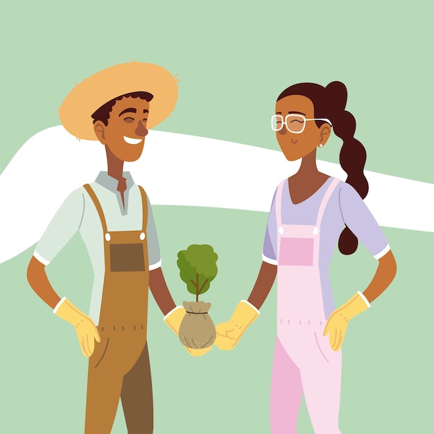 Gardening, gardener couple holding plant in bag  illustration