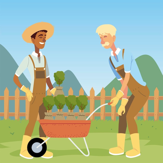 Gardening, gardener men with wheelbarrow and plants  illustration