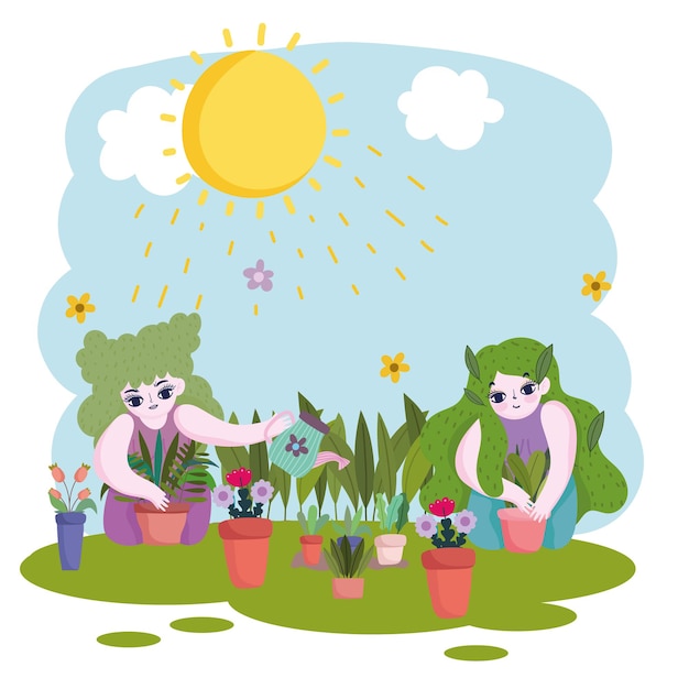 Gardening, girls with watering can taking care of plants growing in pots  illustration