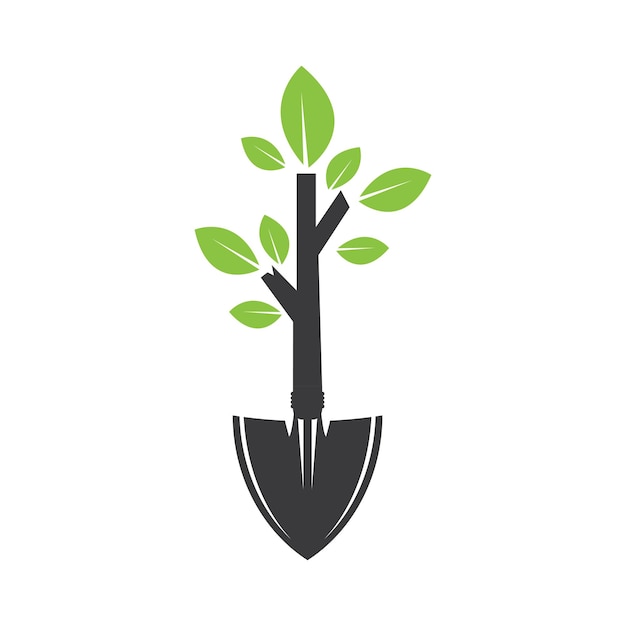 Gardening logo with shovel icon and tree with green leaves logo template