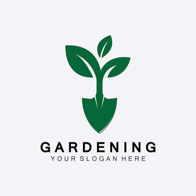 Gardening logo with shovel icon and tree with green leaves logo template.