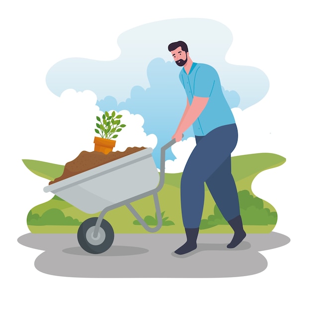 Gardening man with wheelbarrow and plant design, garden planting and nature