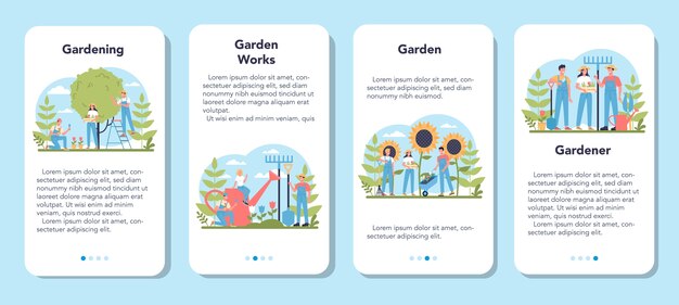 Gardening mobile application banner set. Idea of horticultural designer business. Character planting trees and bush. Special tool for work, shovel and flowerpot, hose. Isolated flat illustration