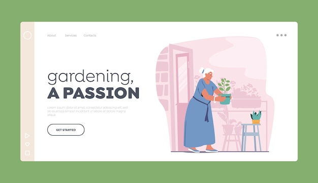 Gardening Passion Landing Page Template. Senior Woman Gardening Hobby. Aged Female Character Caring of Home Plants