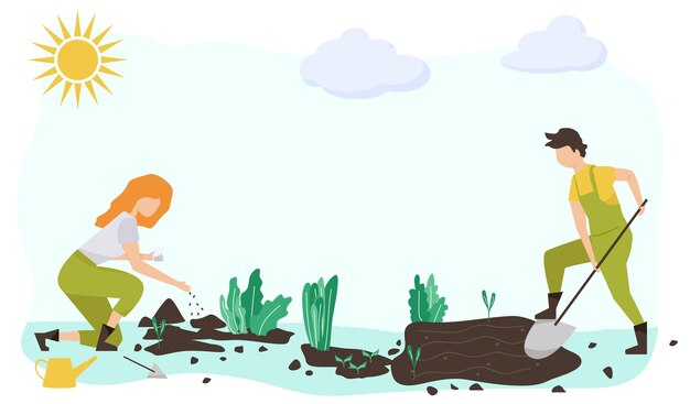 Vector gardening people set springflat vector concept illustration of diverse people men and women doing hobby garden workspring gardening concept