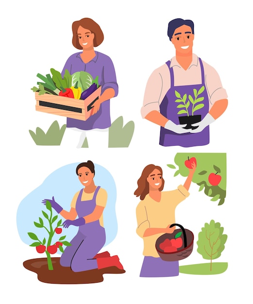 Gardening people set vector Man and woman planting vegetable and flower