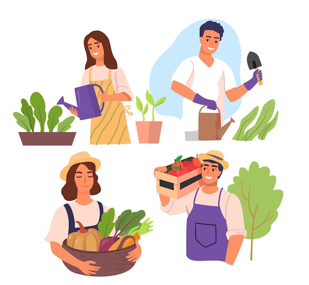 Gardening people set vector Man and woman planting vegetable in garden