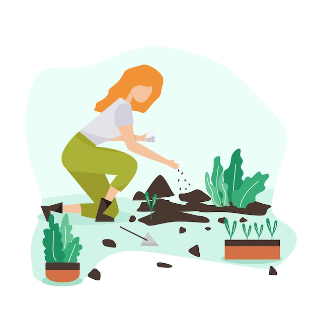 Gardening people spring flat vector concept illustration women doing hobby garden workSpring gardening concept