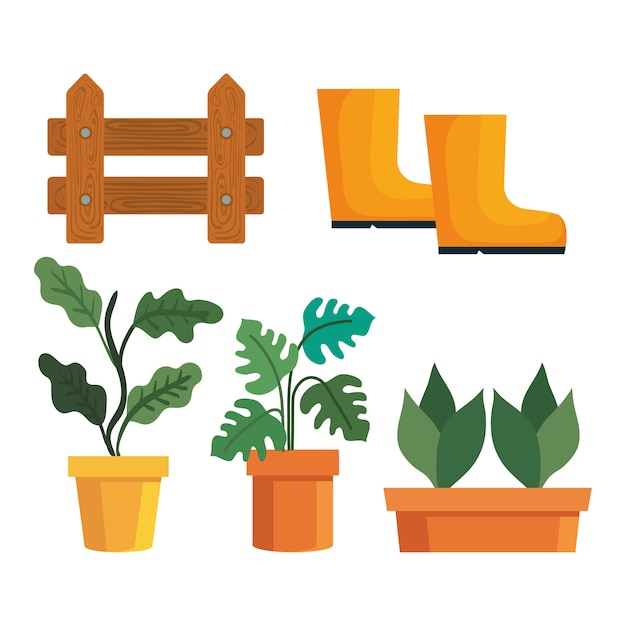 Gardening plants insde pots fence and boots design, garden planting and nature theme