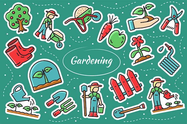 Gardening Related Stickers Set. Vector illustration.