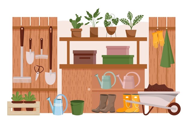 Vector gardening room interior garden tools farm clothes boots gloves wheelbarrow and plants