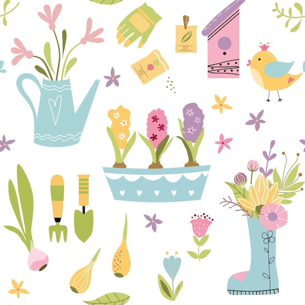 Gardening seamless pattern with cute hand drawn element garden tools Spring background Vector illustration Repeated wallpaper printable textile design Seeds tulip bulb flower bouquet hyacinths in pot