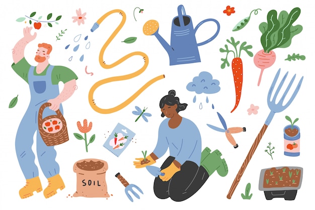 Gardening set of illustrations, working people and tools