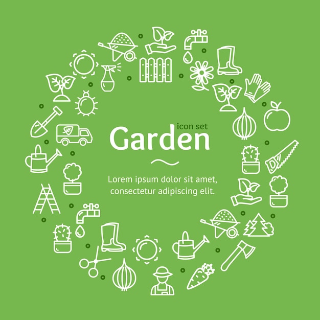 Gardening Signs Round Design Template Line Icon Concept Vector