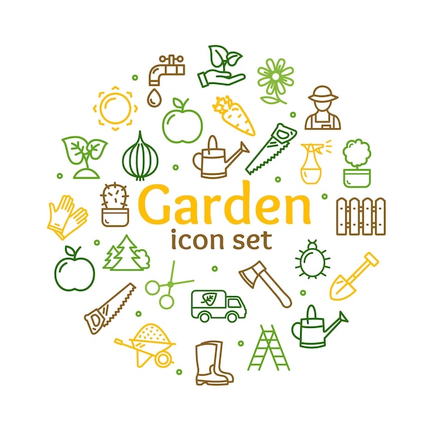 Gardening Signs Round Design Template Line Icon Concept Vector