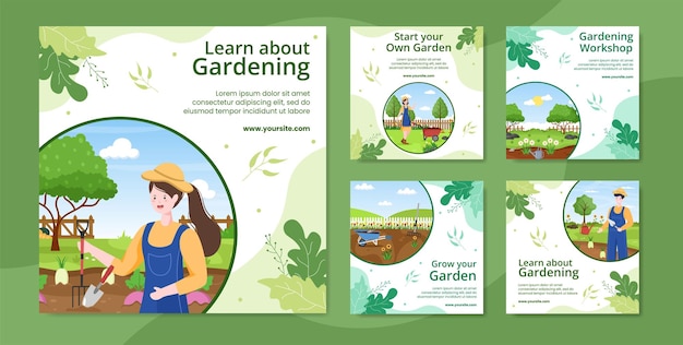 Gardening Social Media Ig Post Template Flat Cartoon Background Vector Illustration