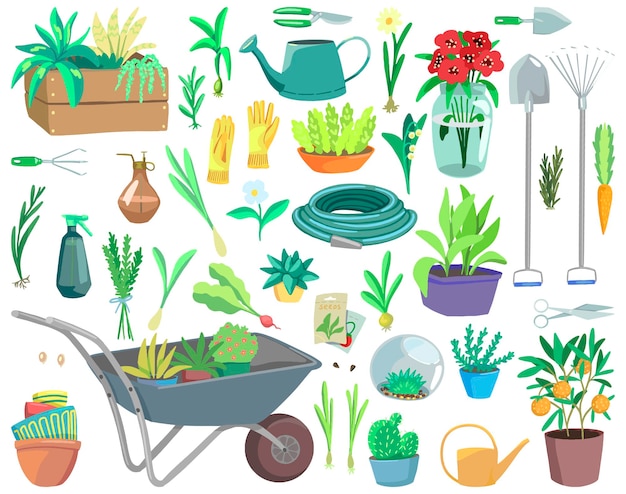 Gardening theme, tools, potted plants, accessories. Collection of hand drawn vector illustrations. Colorful cartoon cliparts isolated on white. Elements for design, print, decor, card, sticker, banner