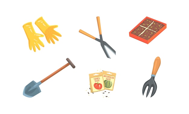 Vector gardening tools collection rubber gloves pruner shovel seeds cartoon vector illustration