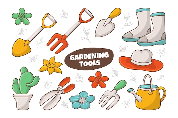 Vector gardening tools elements collections with colored hand drawn style