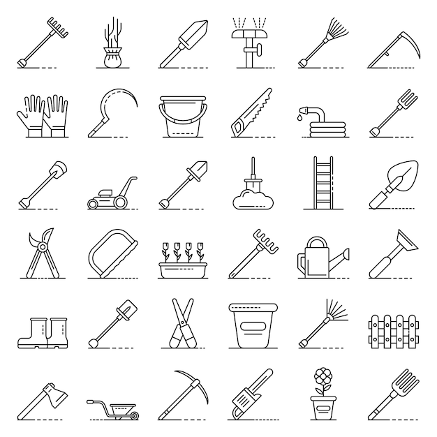 Gardening tools icons set, outline style