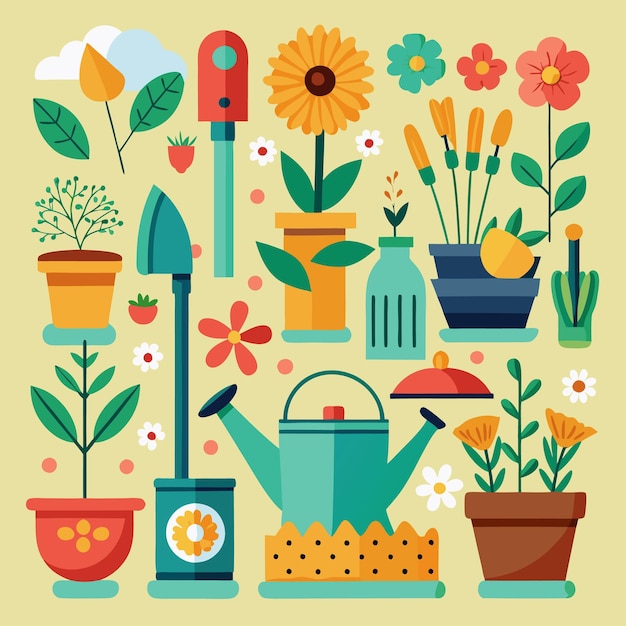 Gardening Tools and Plants in a Colorful Arrangement