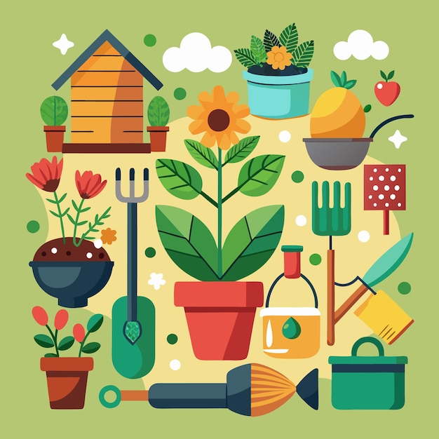 Vector gardening tools and plants a colorful and vibrant collection